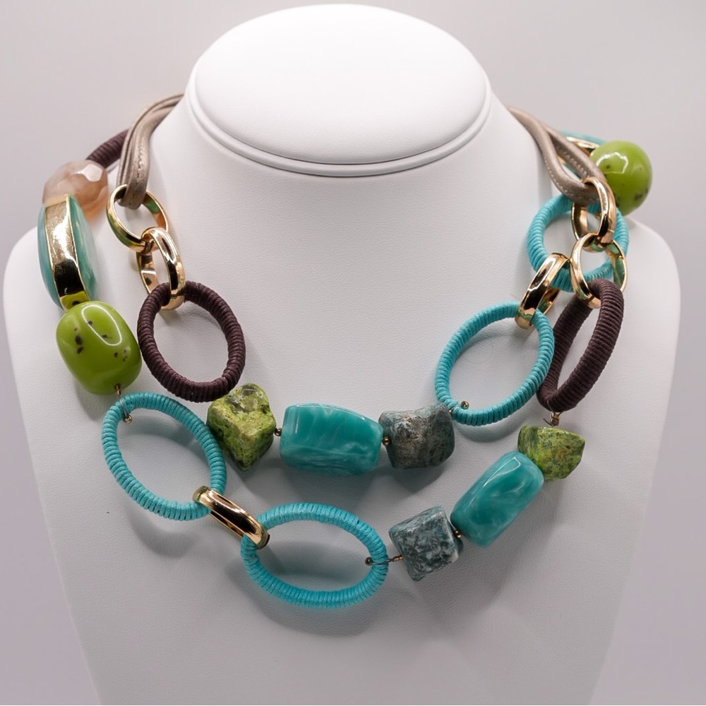 Chico’s - Marked - Long Chunky Necklace- Green Turquoise, Agate Stones